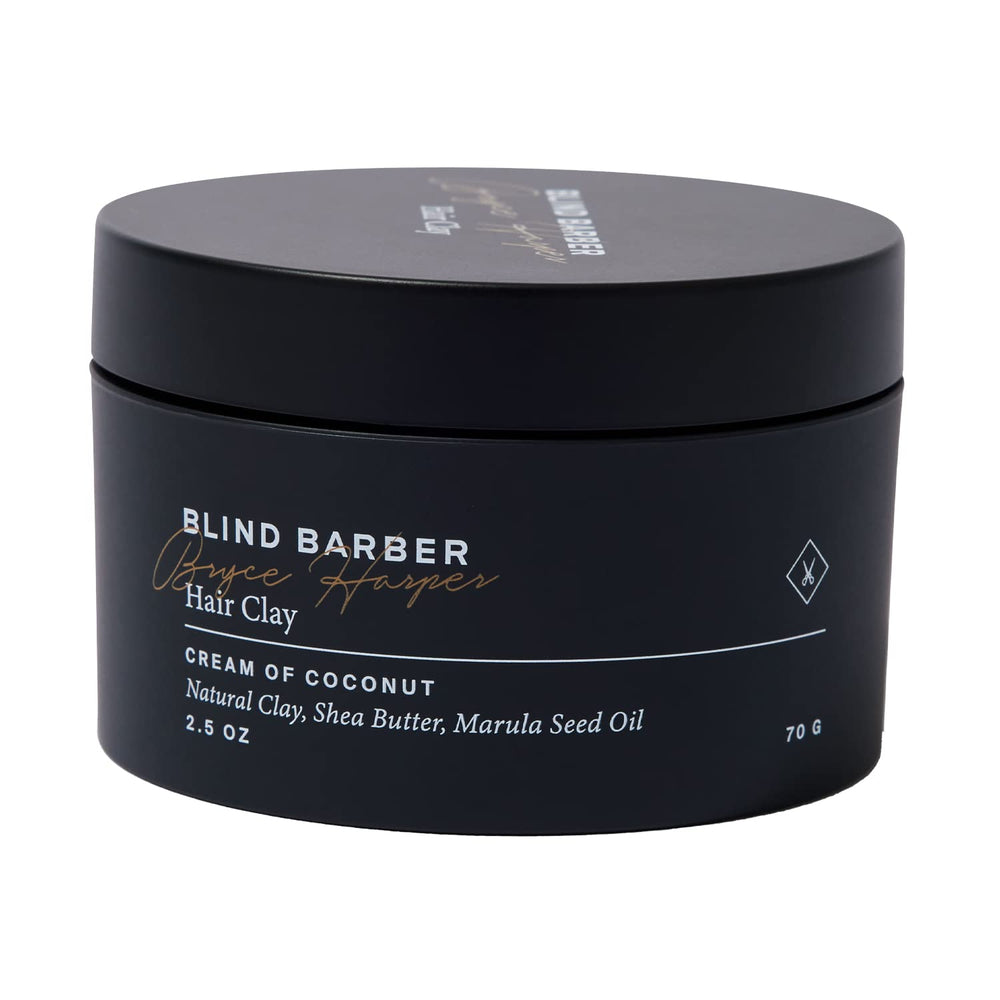 Blind Barber Bryce Harper Hair Clay jar on counter showing matte hold and texture.