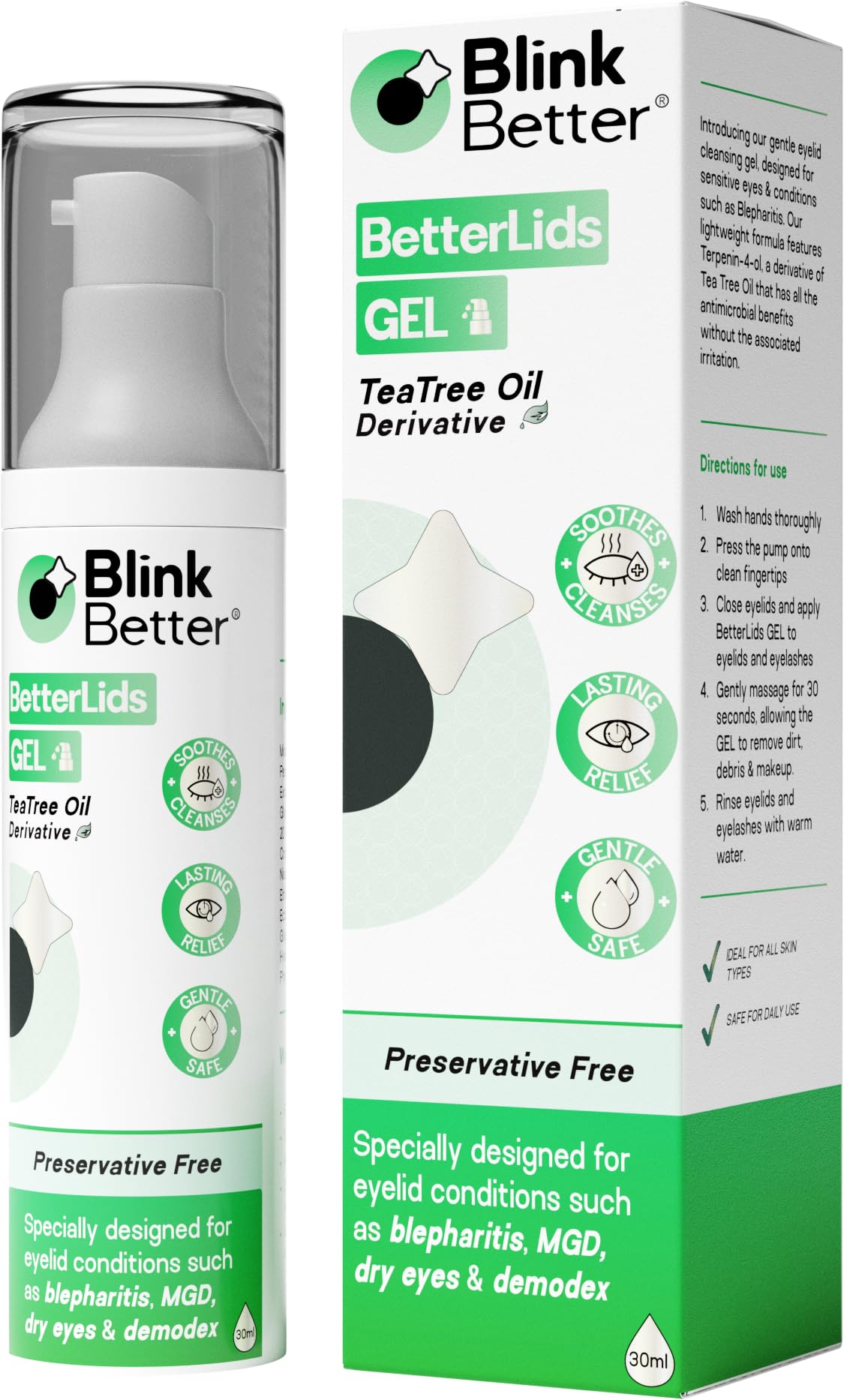 BlinkBetter BetterLids Gel bottle closeup showing gentle eyelid cleanser for daily care