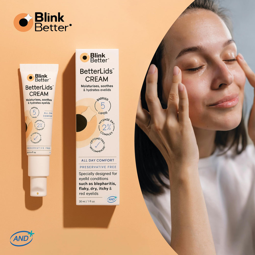 BlinkBetter Restore all-day-use packaging highlighting calm eyelid hydration across daily tasks.