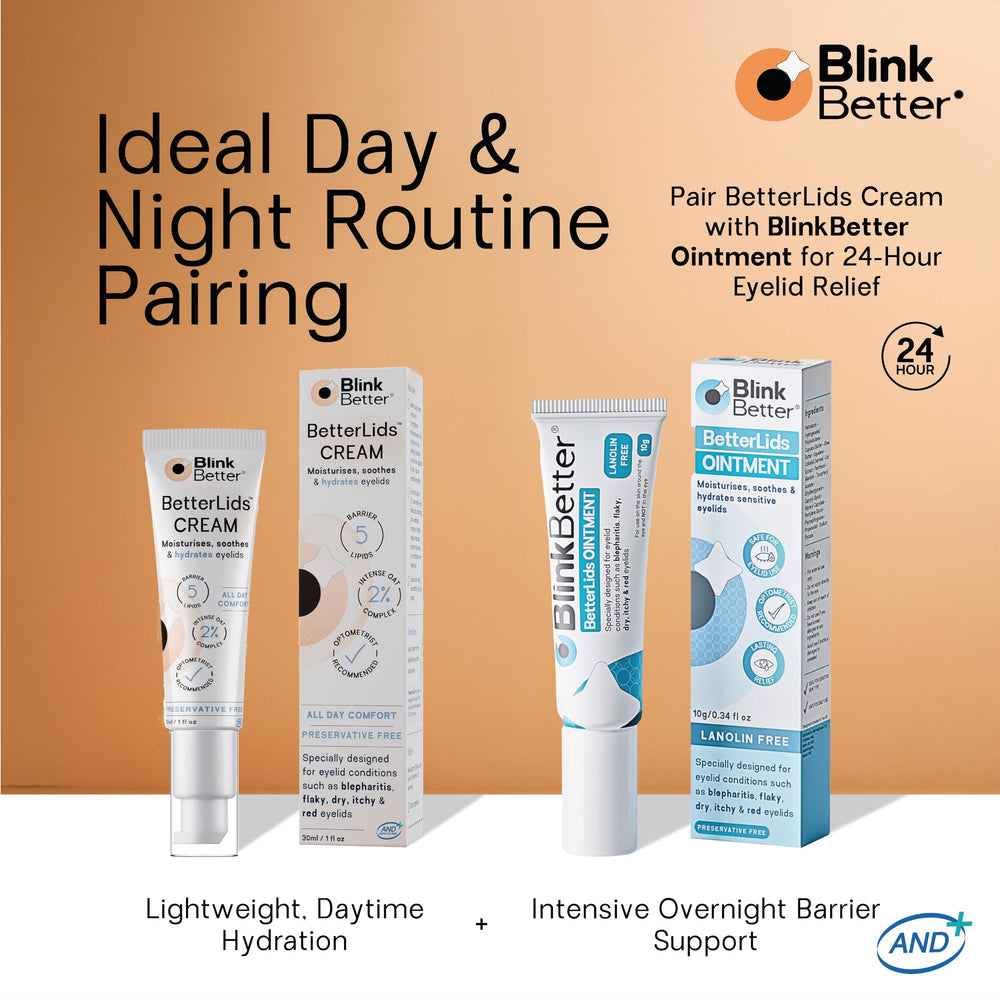 BlinkBetter Restore application routine image suggesting daytime use alongside BlinkBetter ointment.