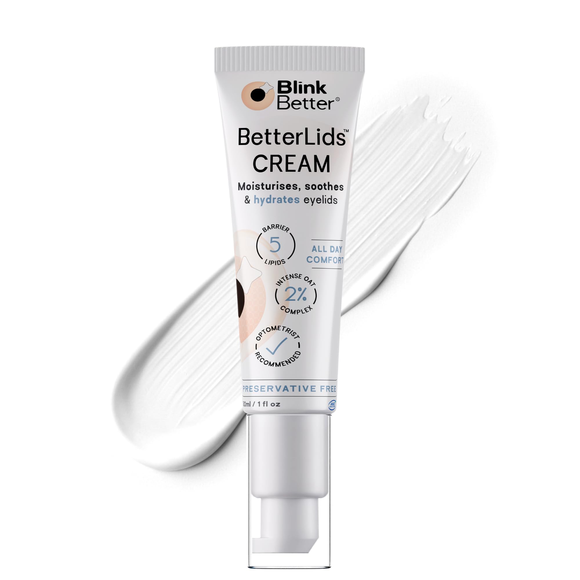 BlinkBetter Restore eyelid cream bottle shown for all-day hydration and soothing relief.