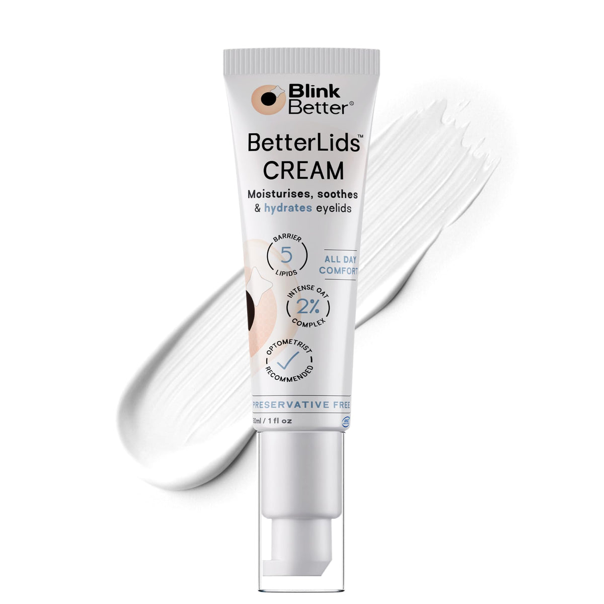 BlinkBetter Restore eyelid cream bottle shown for all-day hydration and soothing relief.