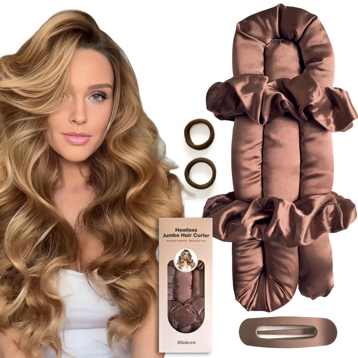 BLINKEEN Jumbo Heatless Curler Headband ready for overnight volume.