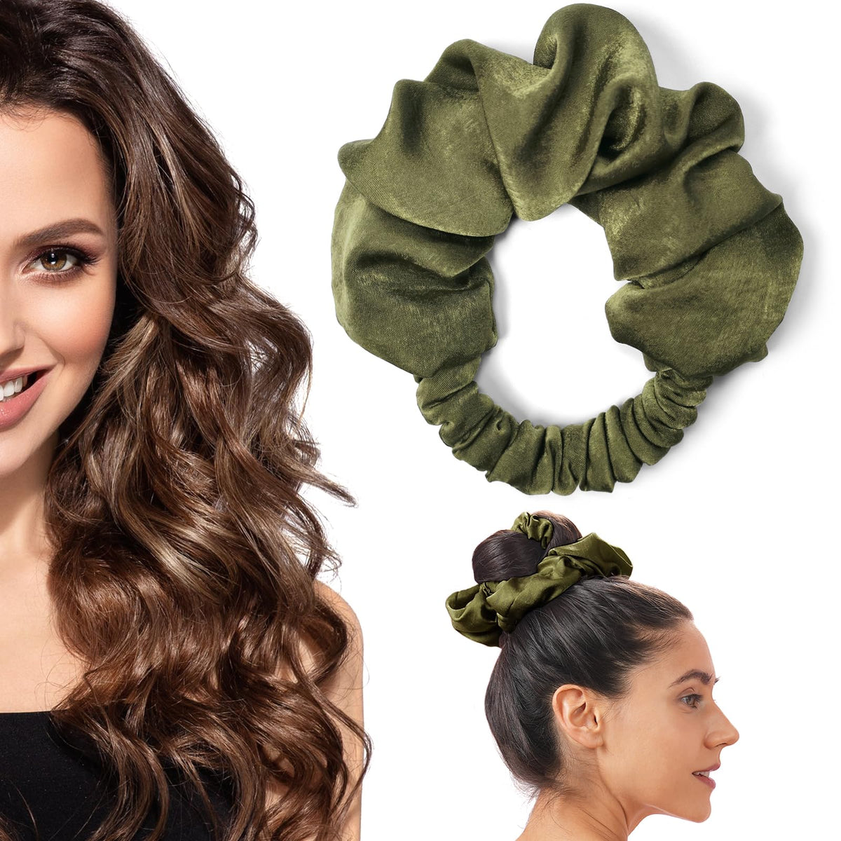 BLINKEEN heatless curling scrunchie olive green packshot for no-heat curls