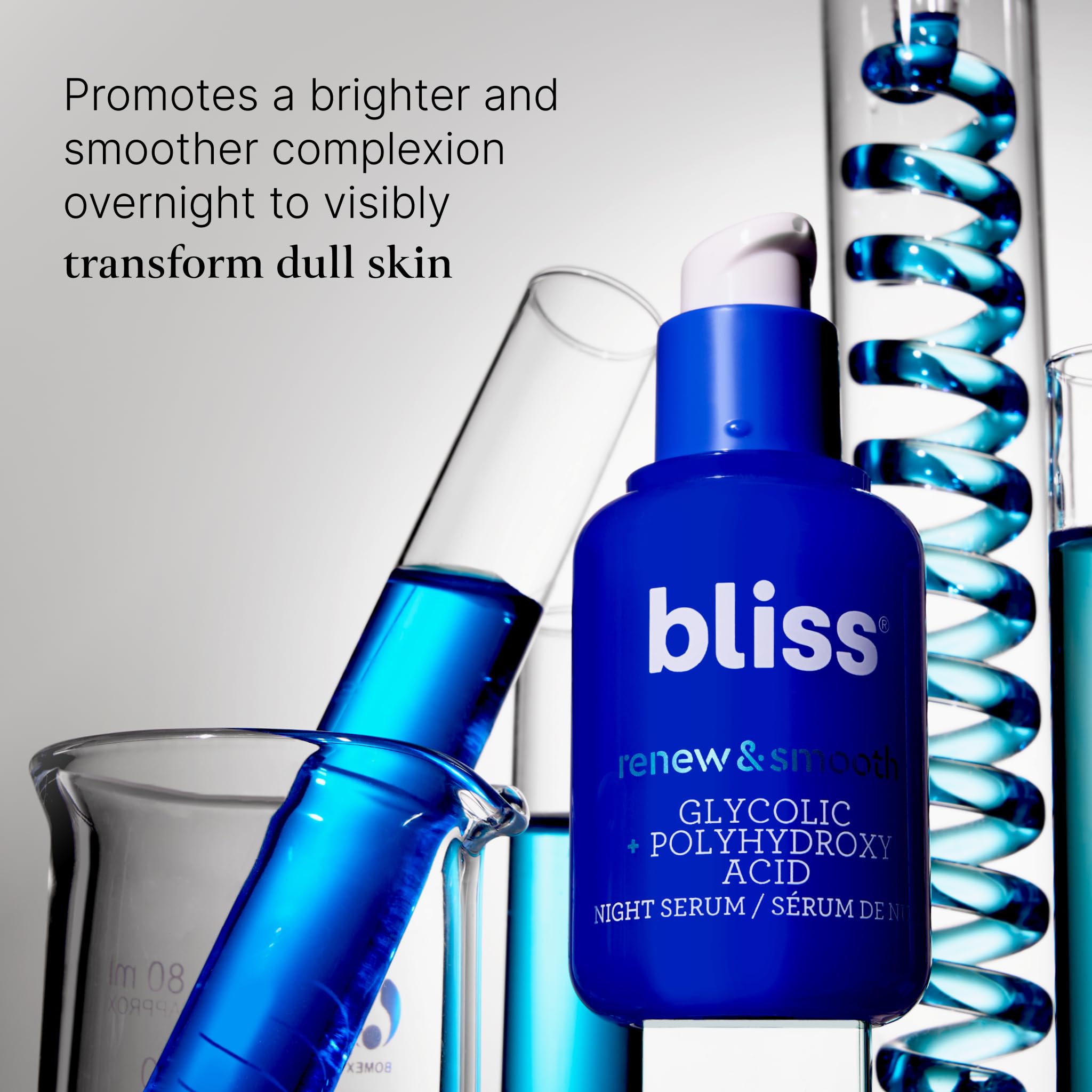 Bliss 1 oz bottle packaging close-up emphasizes compact nightly skincare ritual