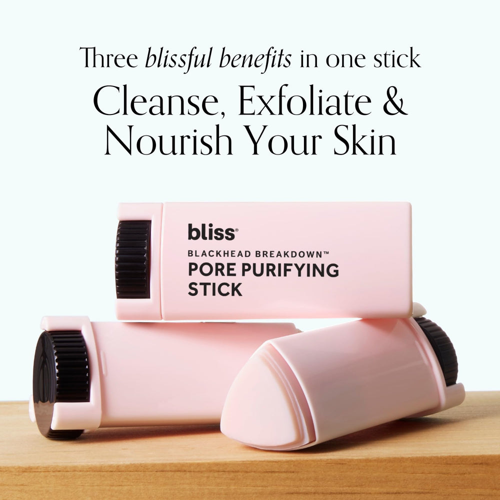 Bliss Blackhead Breakdown label features pink clay and aloe for soothing care.