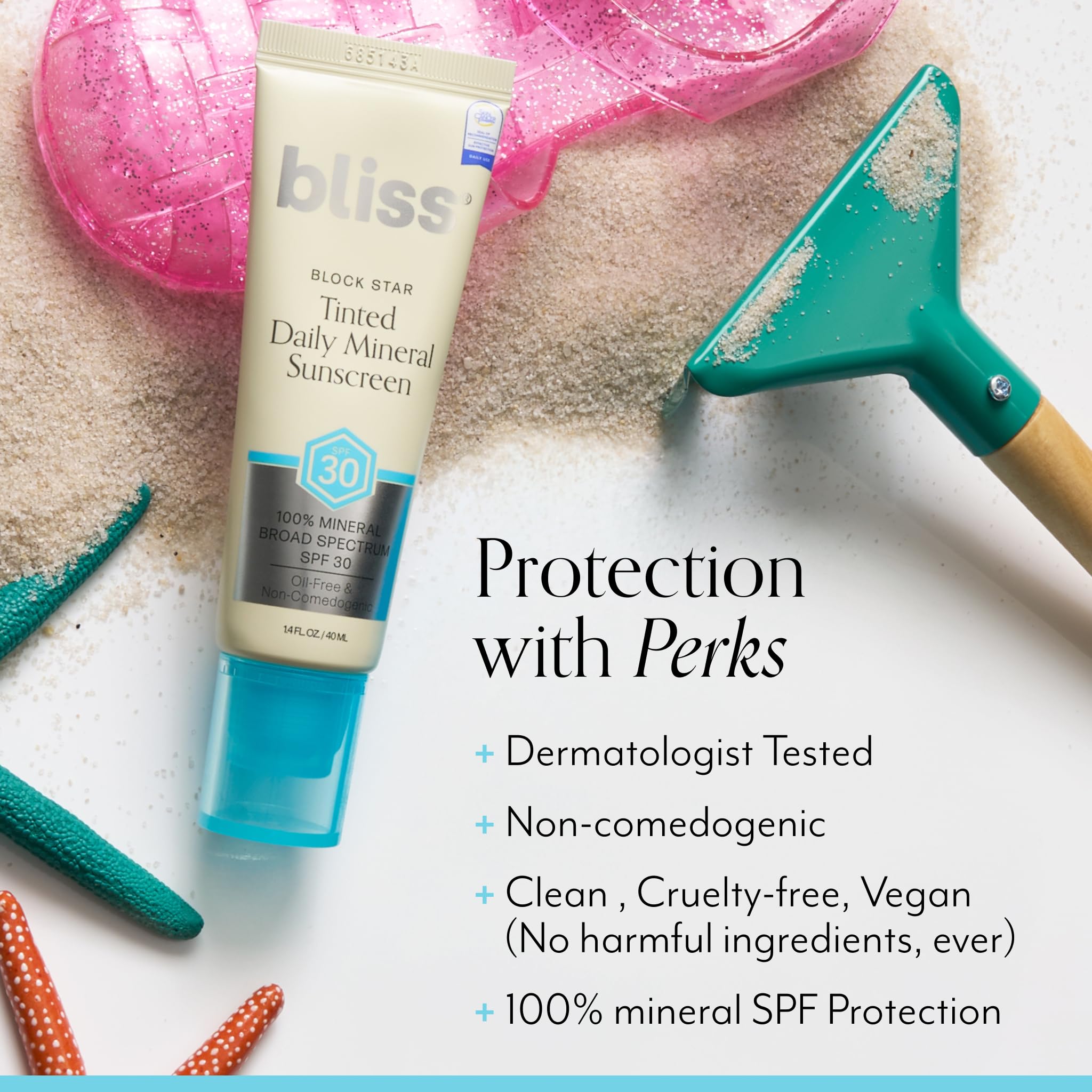 Bliss Block Star tinted sunscreen swatch on arm highlights natural look.