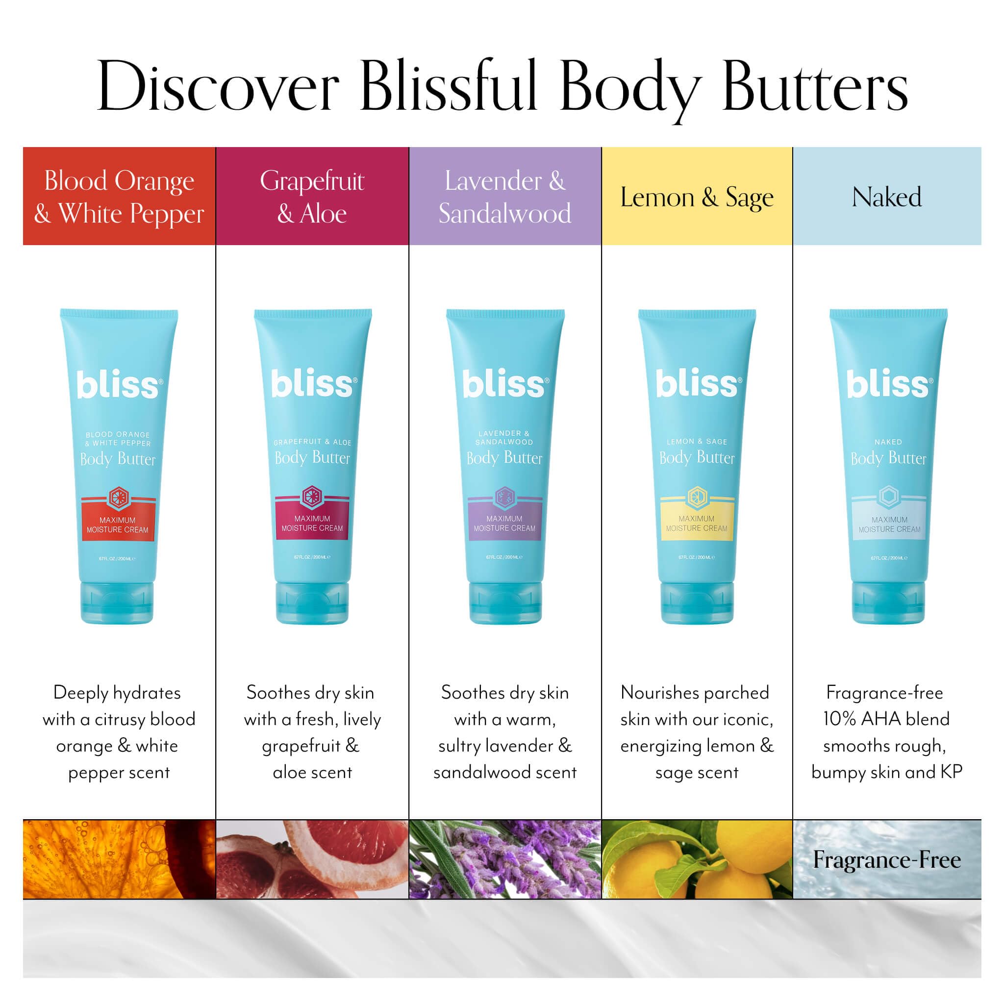 Bliss Body Butter packaging shows 6.7 oz and cruelty-free claim.
