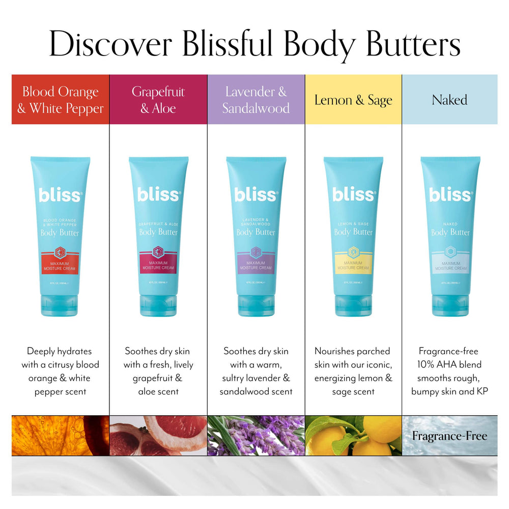 Bliss Body Butter packaging shows 6.7 oz and cruelty-free claim.
