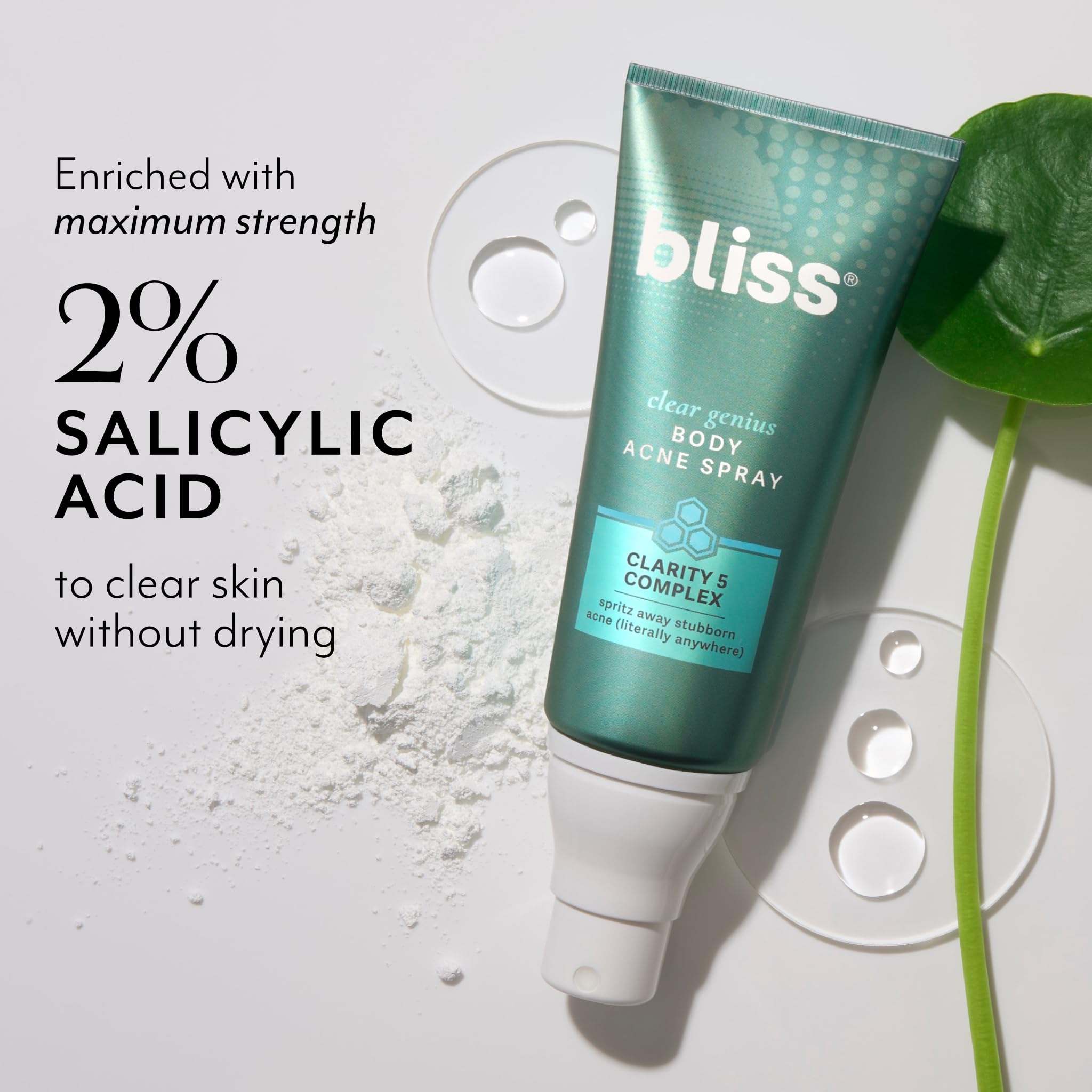 Bliss Clear Genius bottle-closeup highlights compact, travel-friendly body acne solution