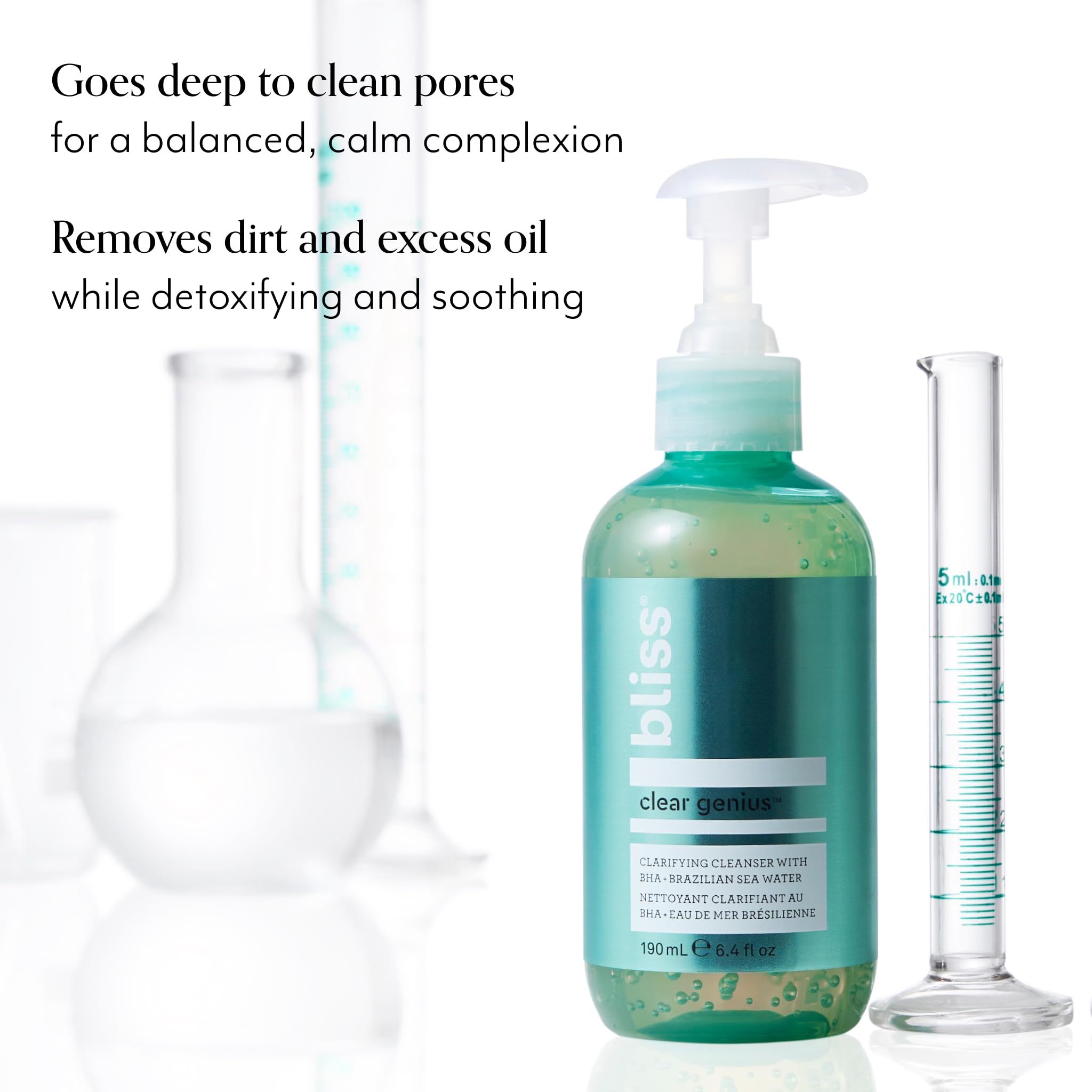 Bliss Clear Genius Clarifying Gel Cleanser lather closeup highlights gentle cleansing for all skin types.