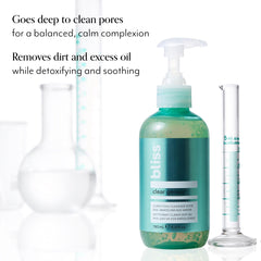Bliss Clear Genius Clarifying Gel Cleanser lather closeup highlights gentle cleansing for all skin types.