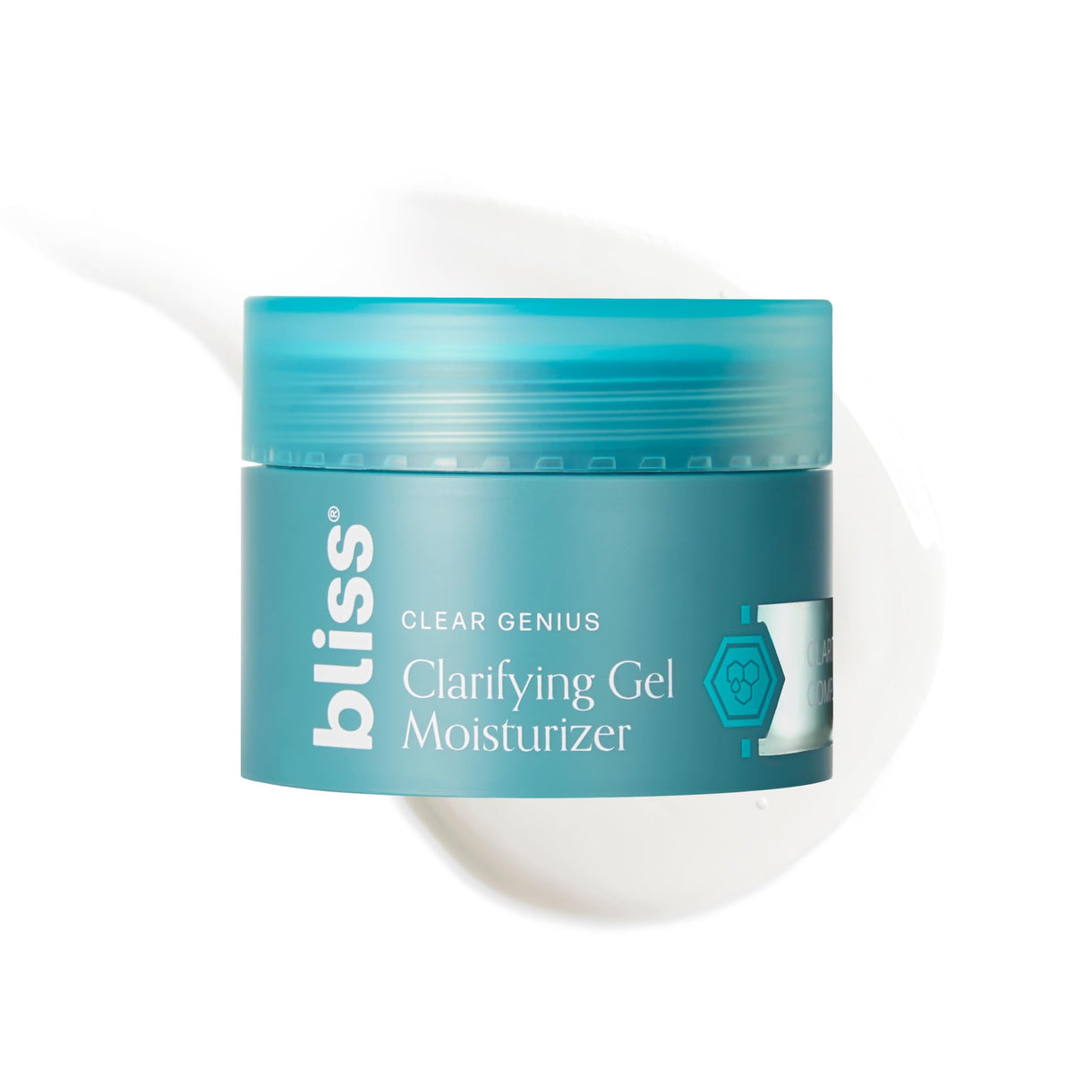 Bliss Clear Genius Clarifying Gel Moisturizer bottle closeup shows lightweight texture for clear skin