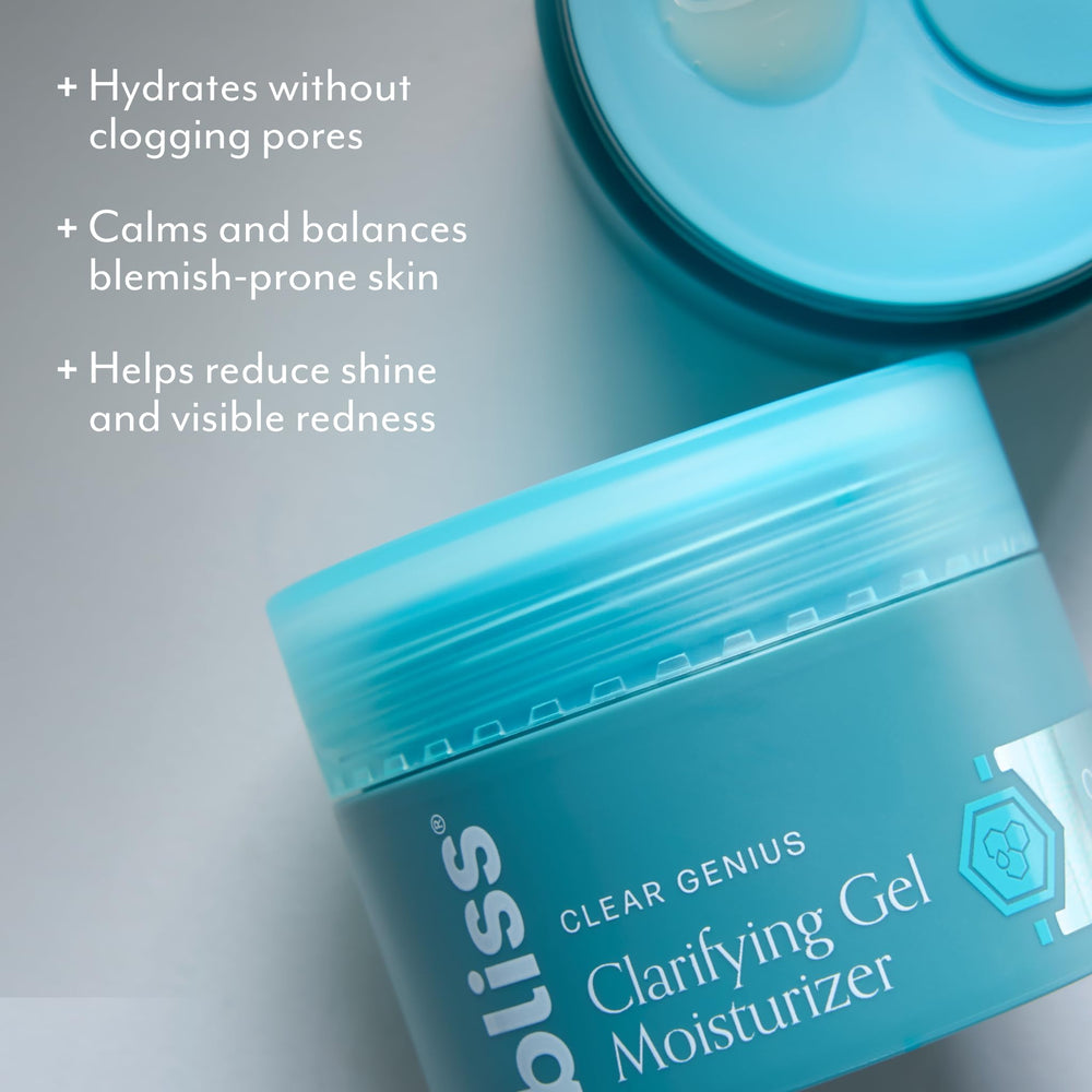 Bliss Clear Genius Clarifying Gel Moisturizer front packaging highlights compact 1.7 oz size