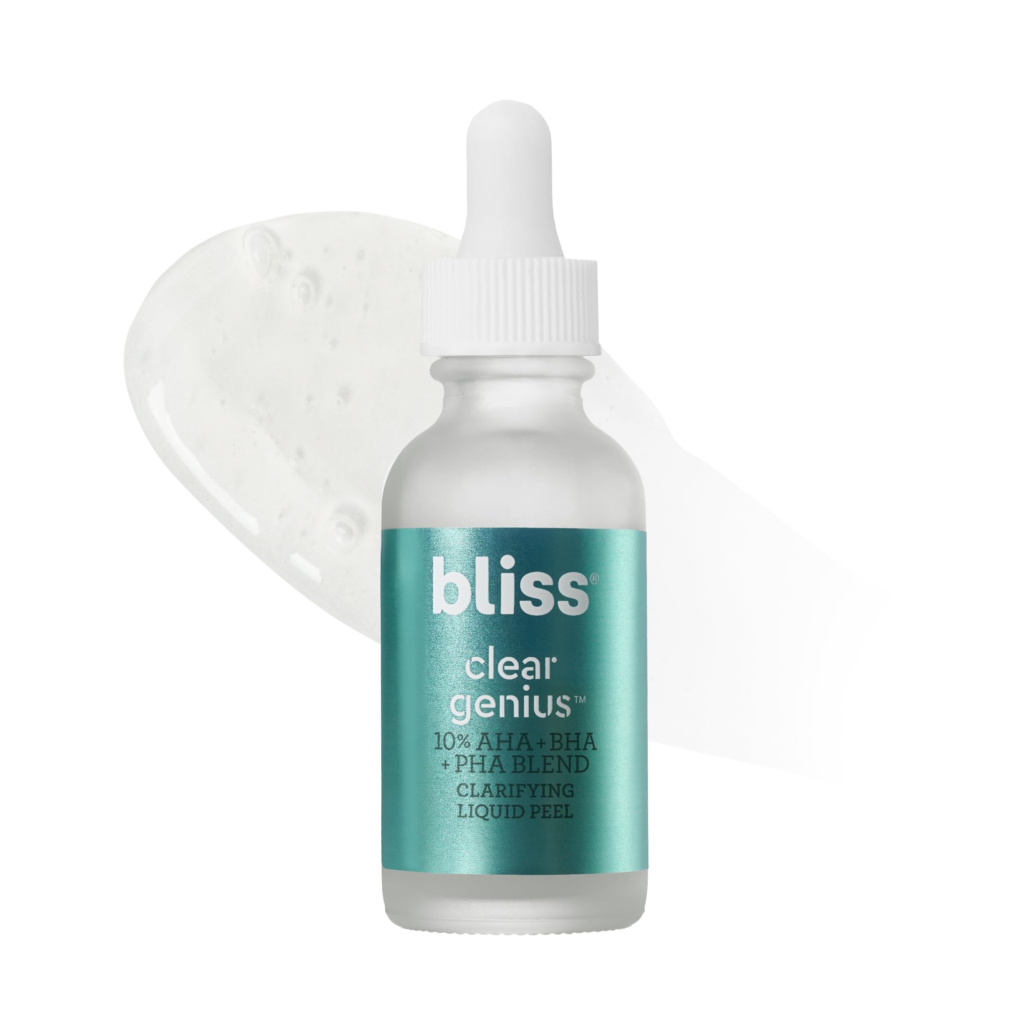 Bliss Clear Genius Liquid Peel bottle on vanity with fragrance-free vegan formula