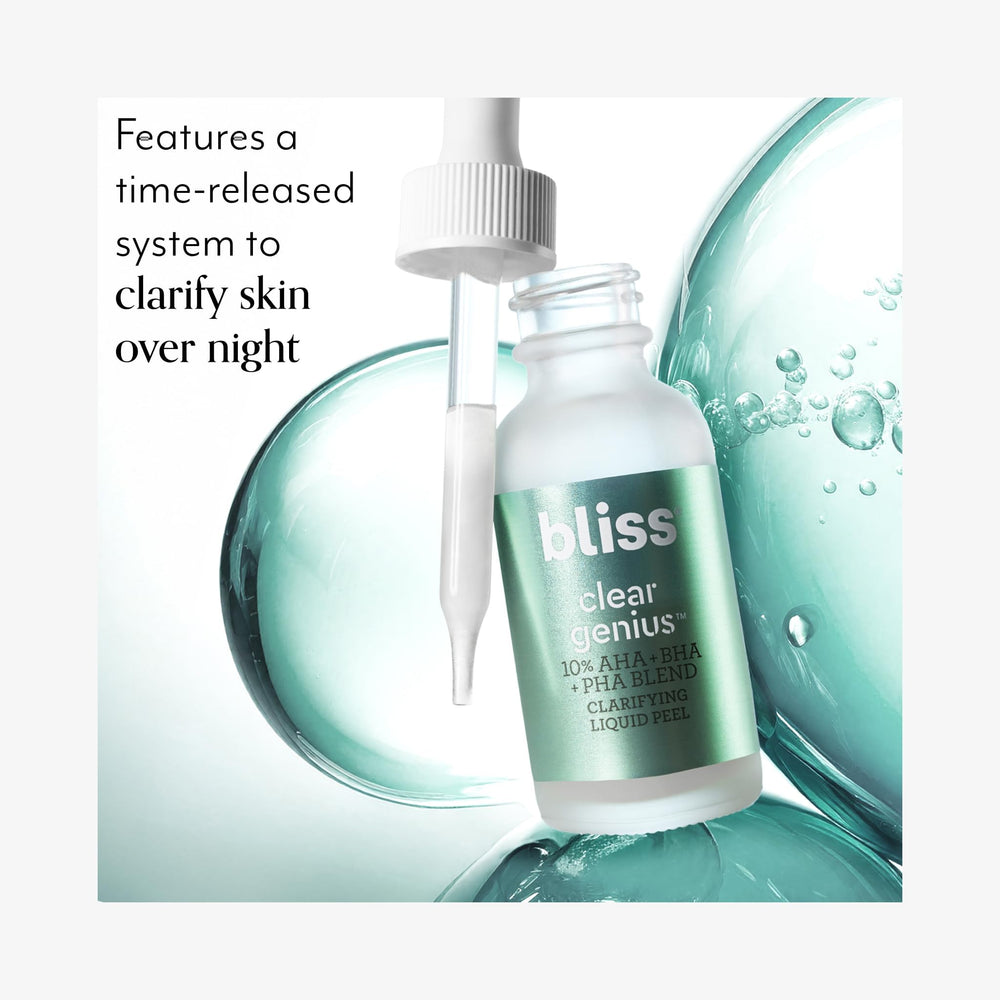 Texture on fingertip shows silky exfoliation of Bliss Clear Genius