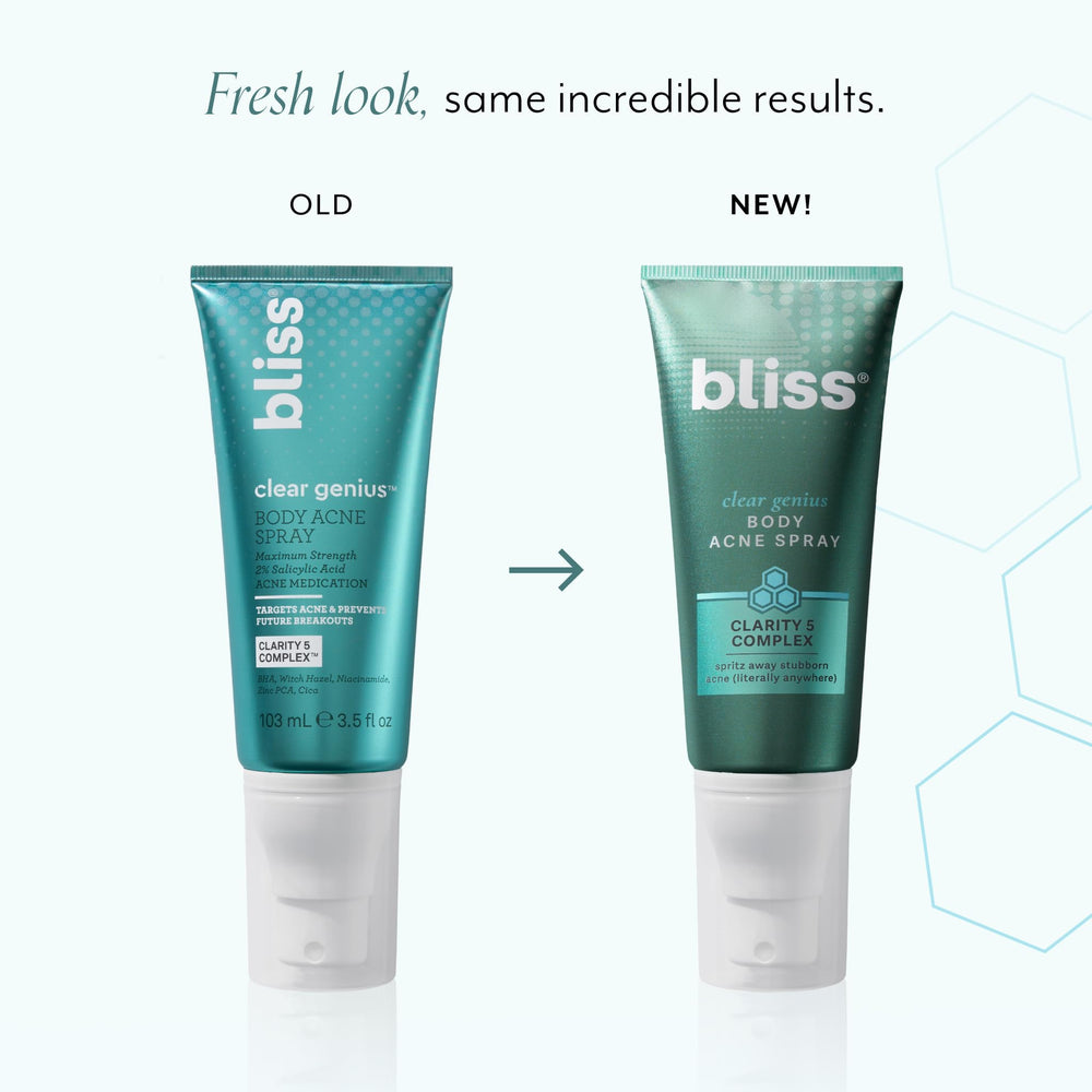 Bliss Clear Genius spray-delivery shown during application for easy reach