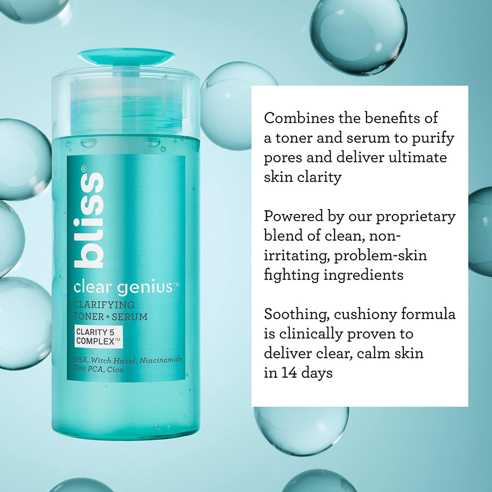 Bliss Clear Genius toner bathroom counter scene suggests convenient daily routine.