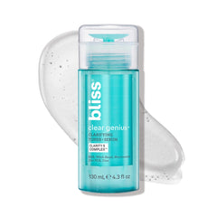 Bliss Clear Genius toner bottle closeup highlights pore-clearing, refreshing skincare.