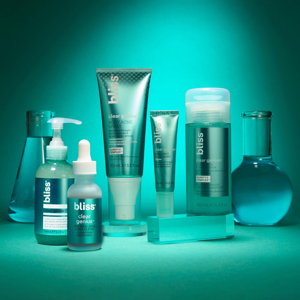 Bliss Clear Genius toner leave-on glow hints at smoother-looking skin.