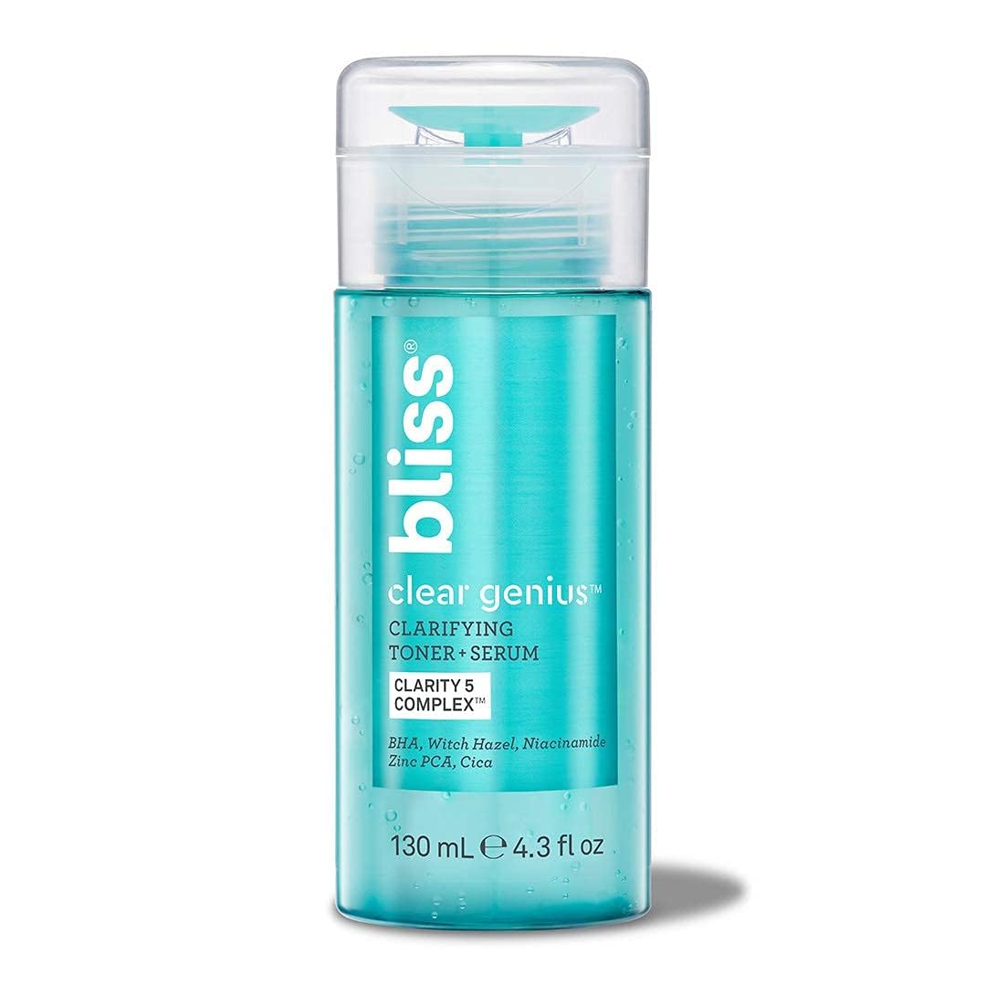 Bliss Clear Genius toner night routine visual for evening skincare integration.