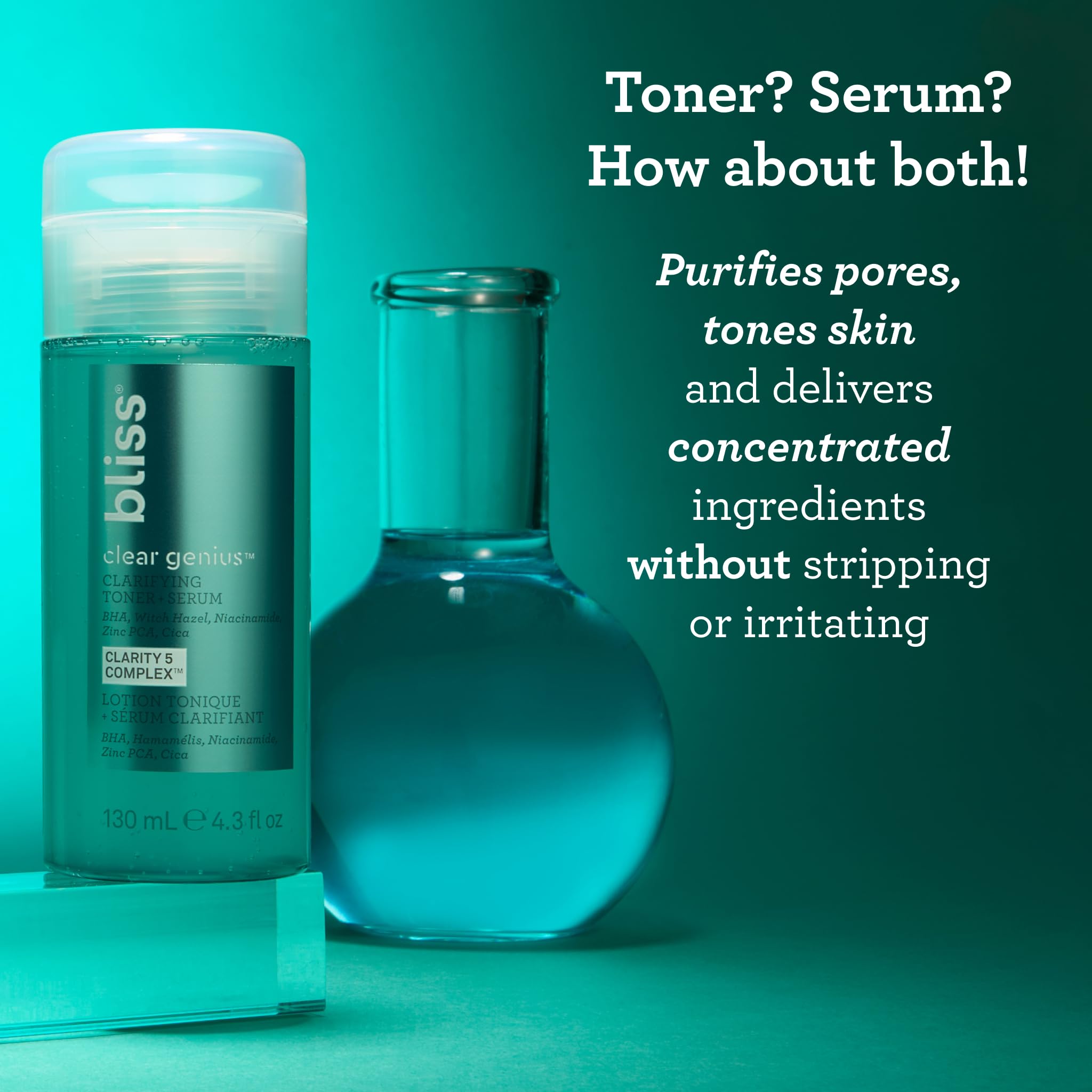Bliss Clear Genius toner-serum pump application for daily toning and clearing pores.