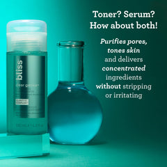 Bliss Clear Genius toner-serum pump application for daily toning and clearing pores.