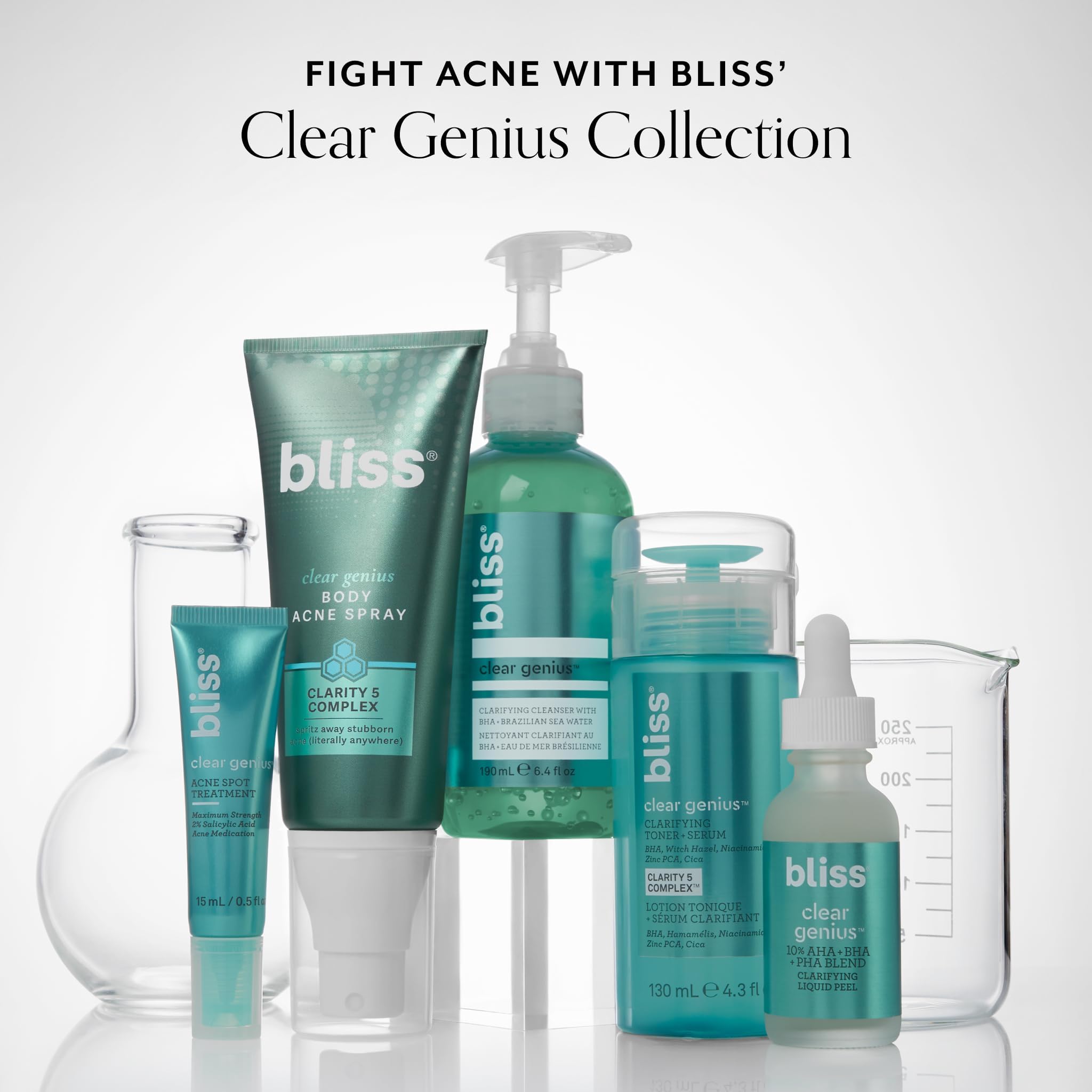 Vegan and cruelty-free emblem beside Bliss Clear Genius packaging