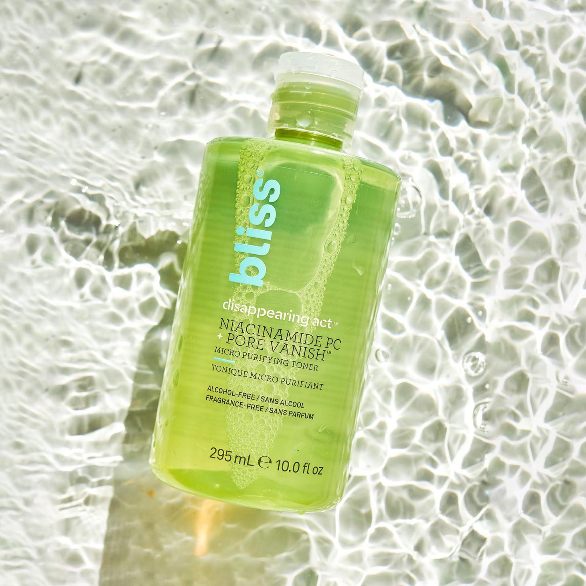Bliss Disappearing Act Toner packaging emphasizes vegan and cruelty-free formula.