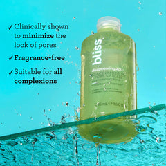 Bliss Disappearing Act Toner texture close-up signals refreshing, alcohol-free skincare moment.