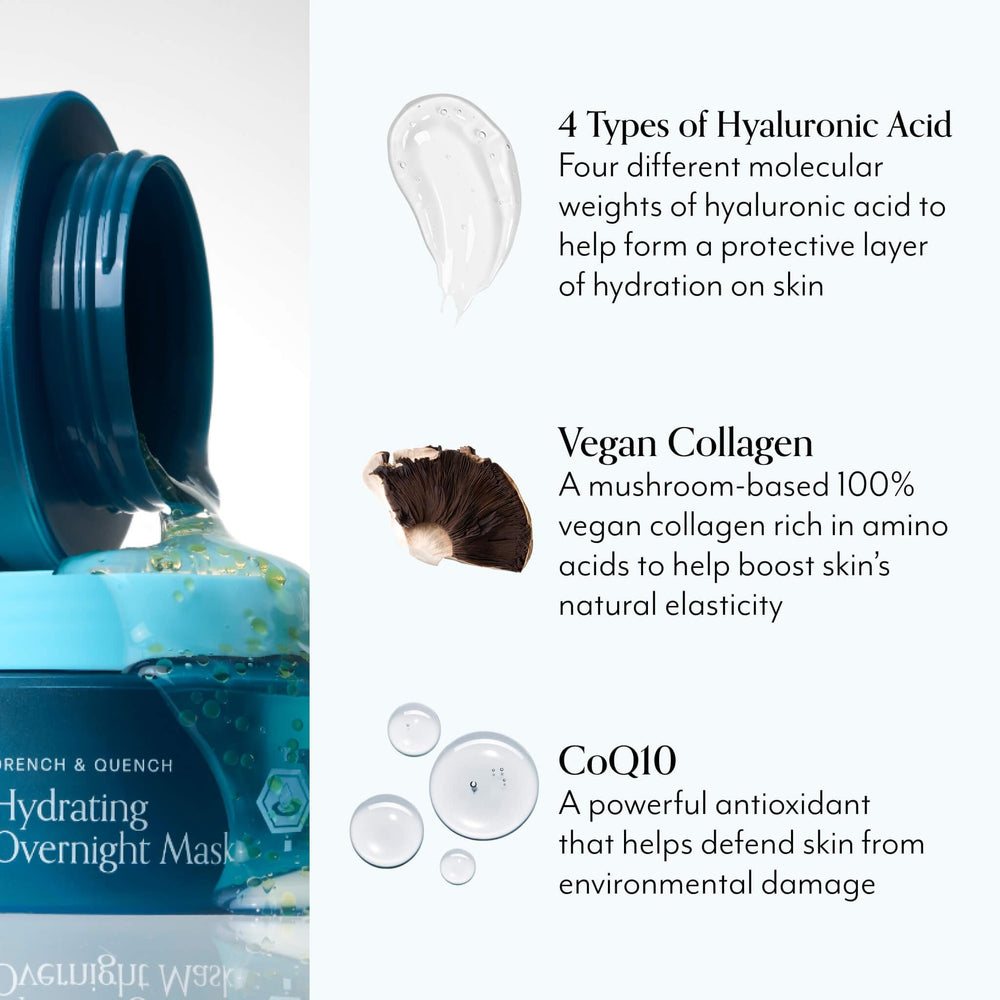 Bliss Drench & Quench hyaluronic acid focus emphasizes layered hydration