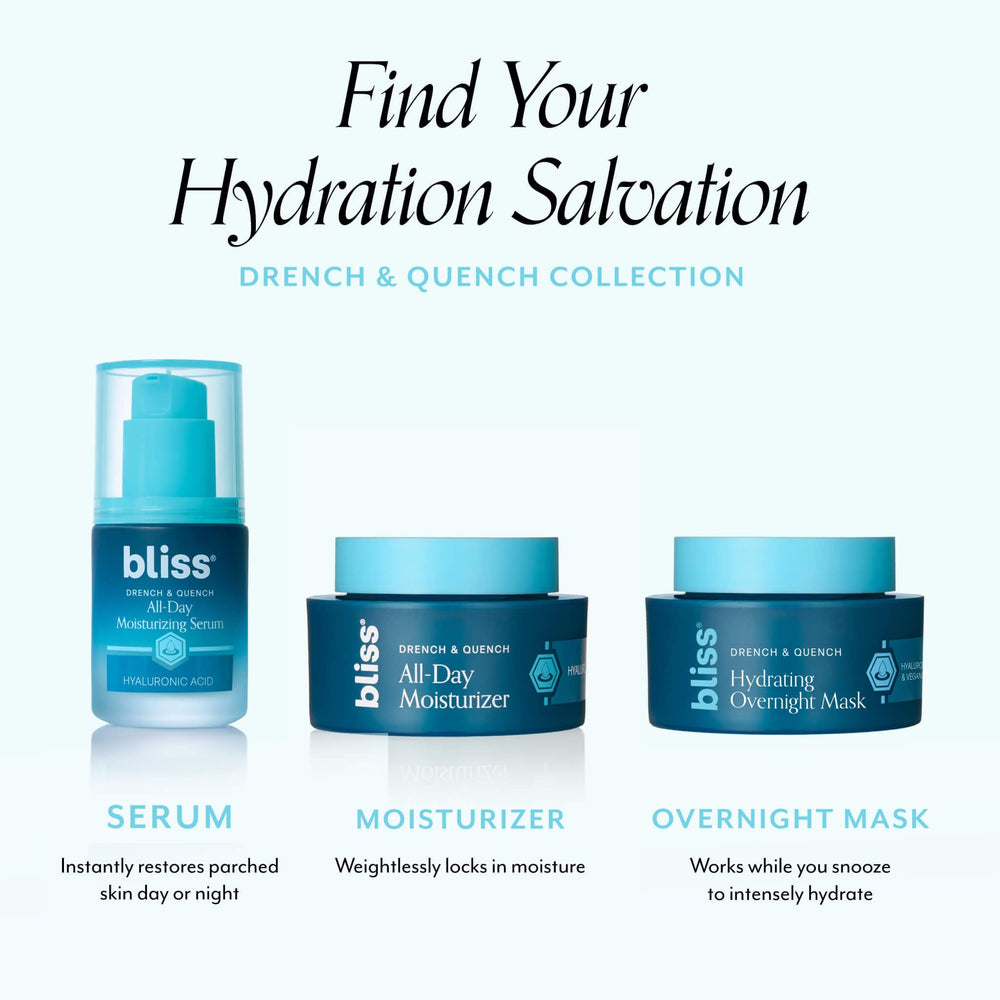 Bliss Drench & Quench morning glow shot showing dewy skin after overnight use