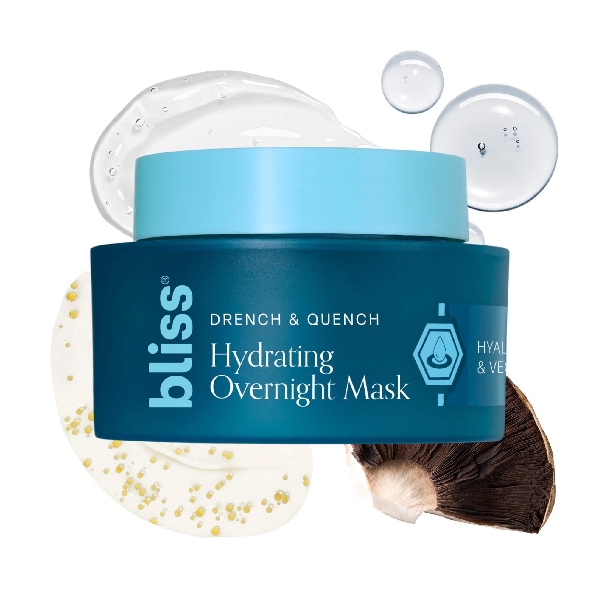 Bliss Drench & Quench overnight mask jar showing jelly texture for deep hydration