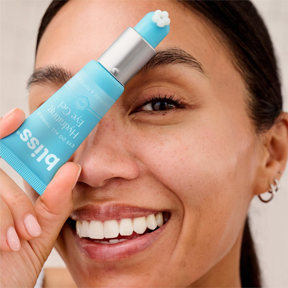 Bliss Eye Do All Things Hydrating Eye Gel applying under-eye area shows brightening potential.