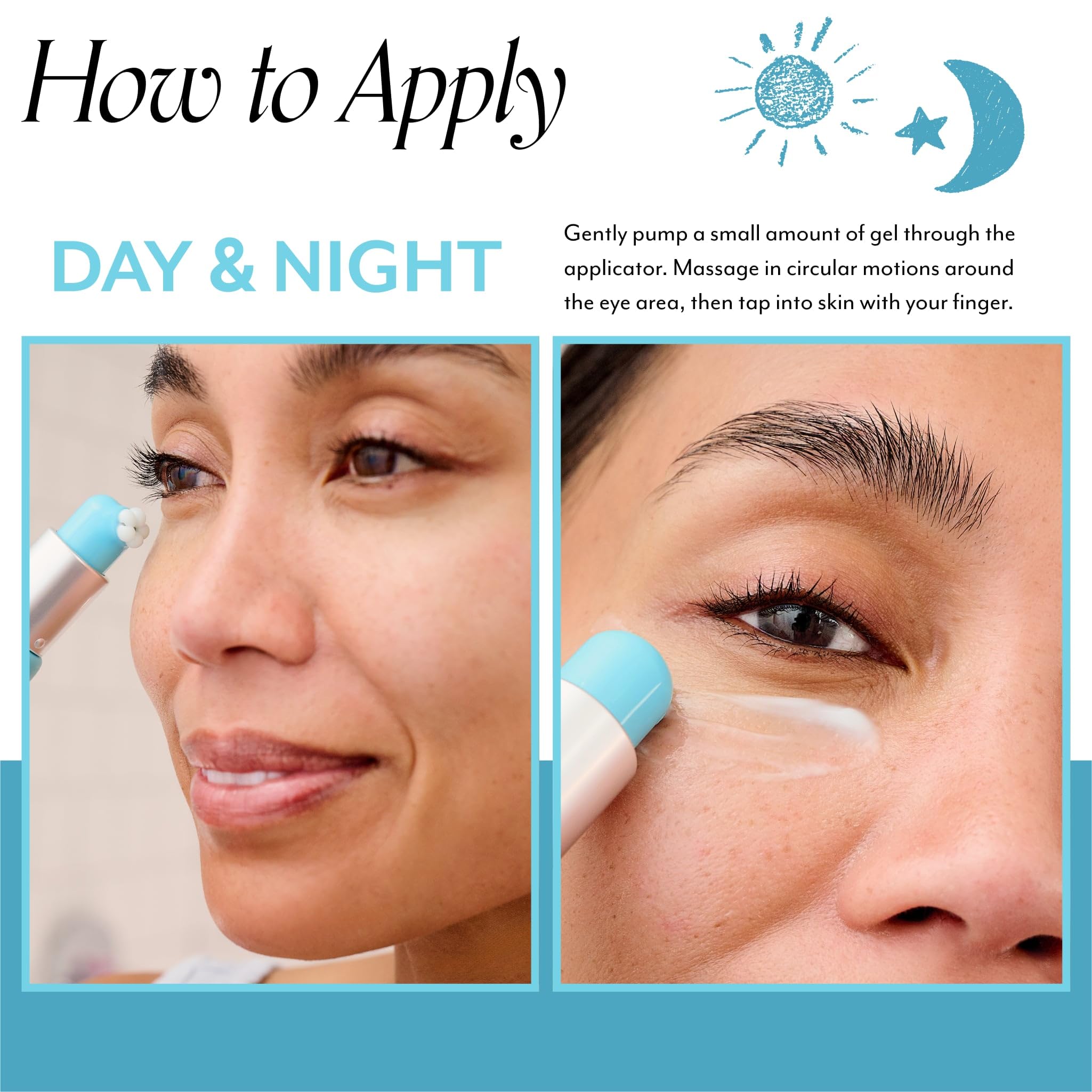Bliss Eye Do All Things Hydrating Eye Gel ingredient visuals showcase caffeine and peptides benefits.