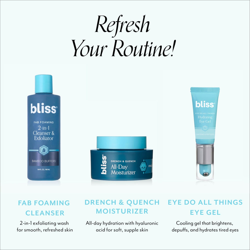 Bliss Eye Do All Things Hydrating Eye Gel morning routine scene suggests wakeful eyes.