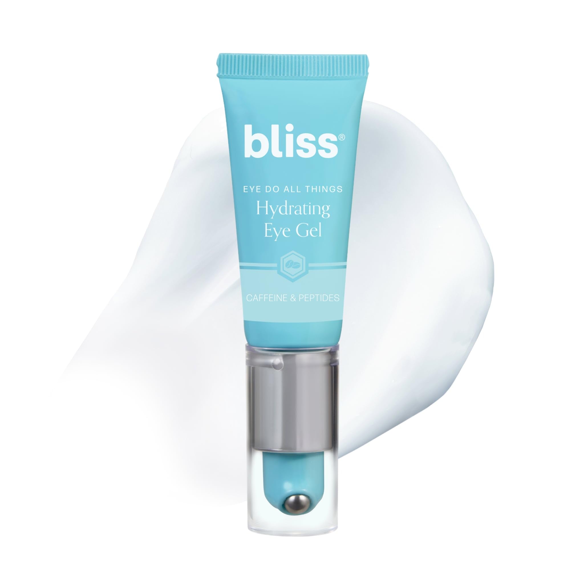 Bliss Eye Do All Things Hydrating Eye Gel rollerball closeup demonstrates depuffing benefits.