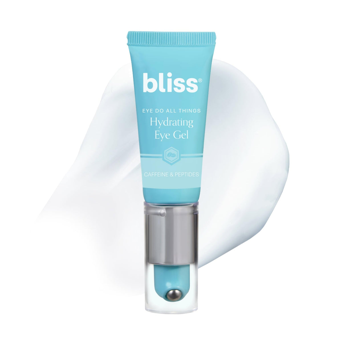 Bliss Eye Do All Things Hydrating Eye Gel rollerball closeup demonstrates depuffing benefits.