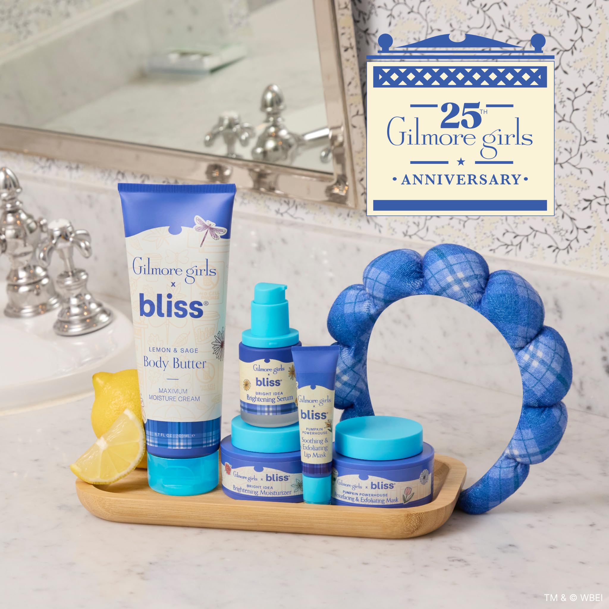 Bliss Gilmore Girls collaboration packaging sits on a vanity, gift-ready.
