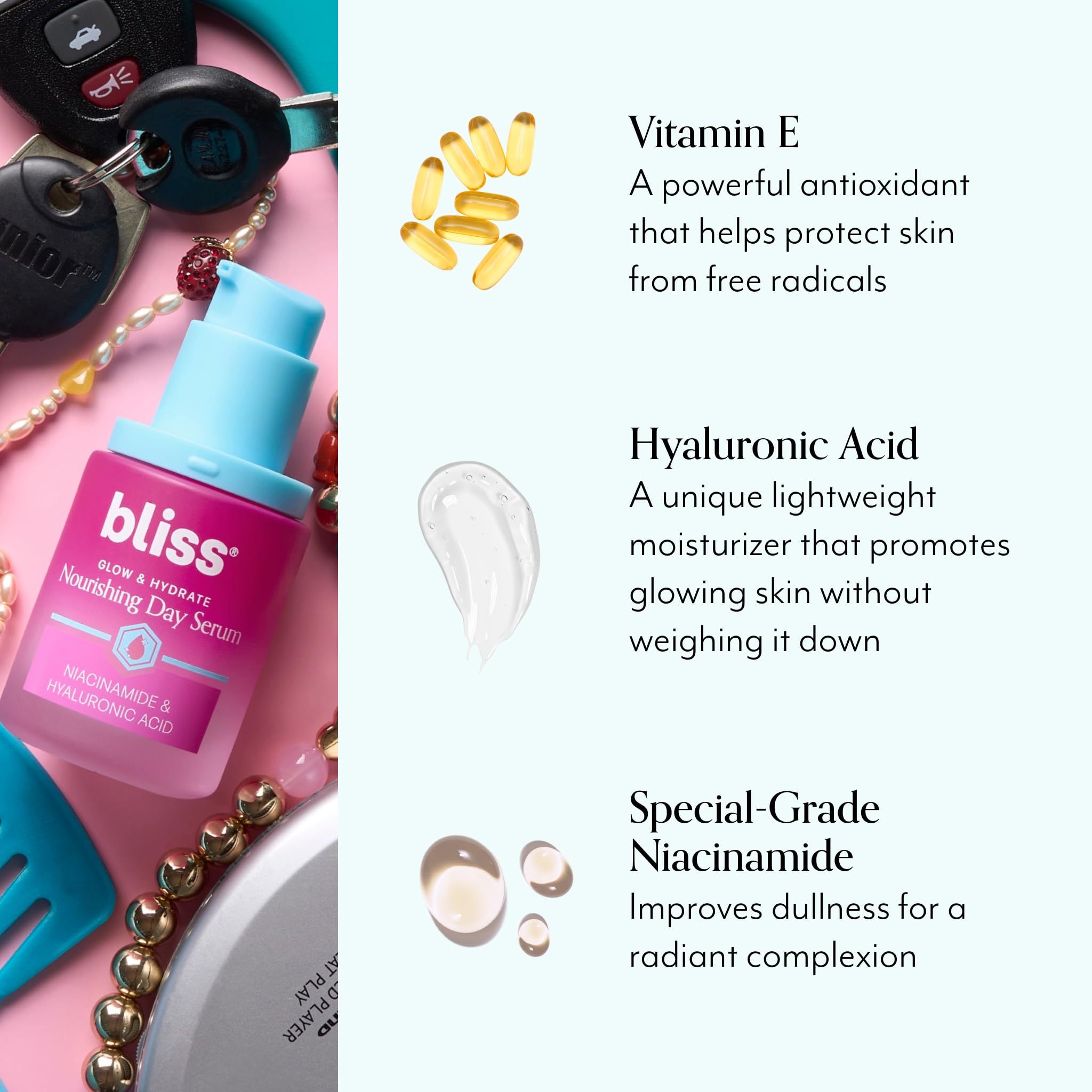 Bliss Glow & Hydrate Serum application routine shows morning skincare step