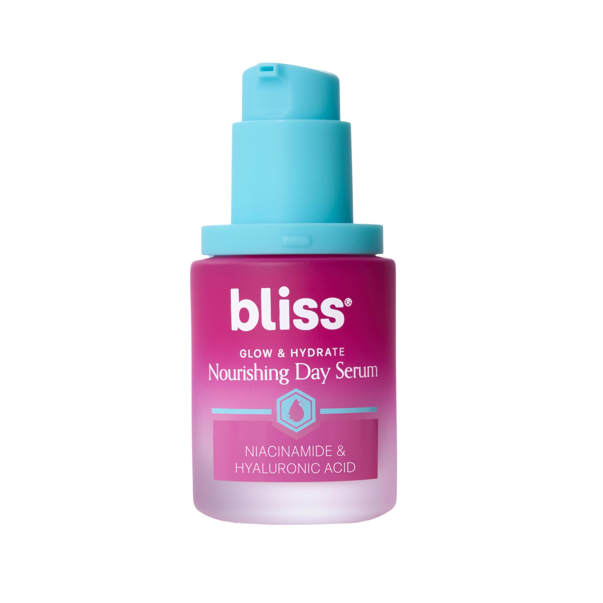 Bliss Glow & Hydrate Serum bottle highlights lightweight hydration for radiant, dewy skin