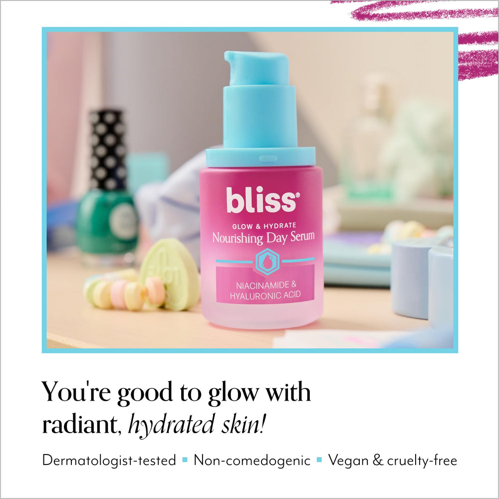 Bliss Glow & Hydrate Serum skin glow closeup demonstrates dewy finish