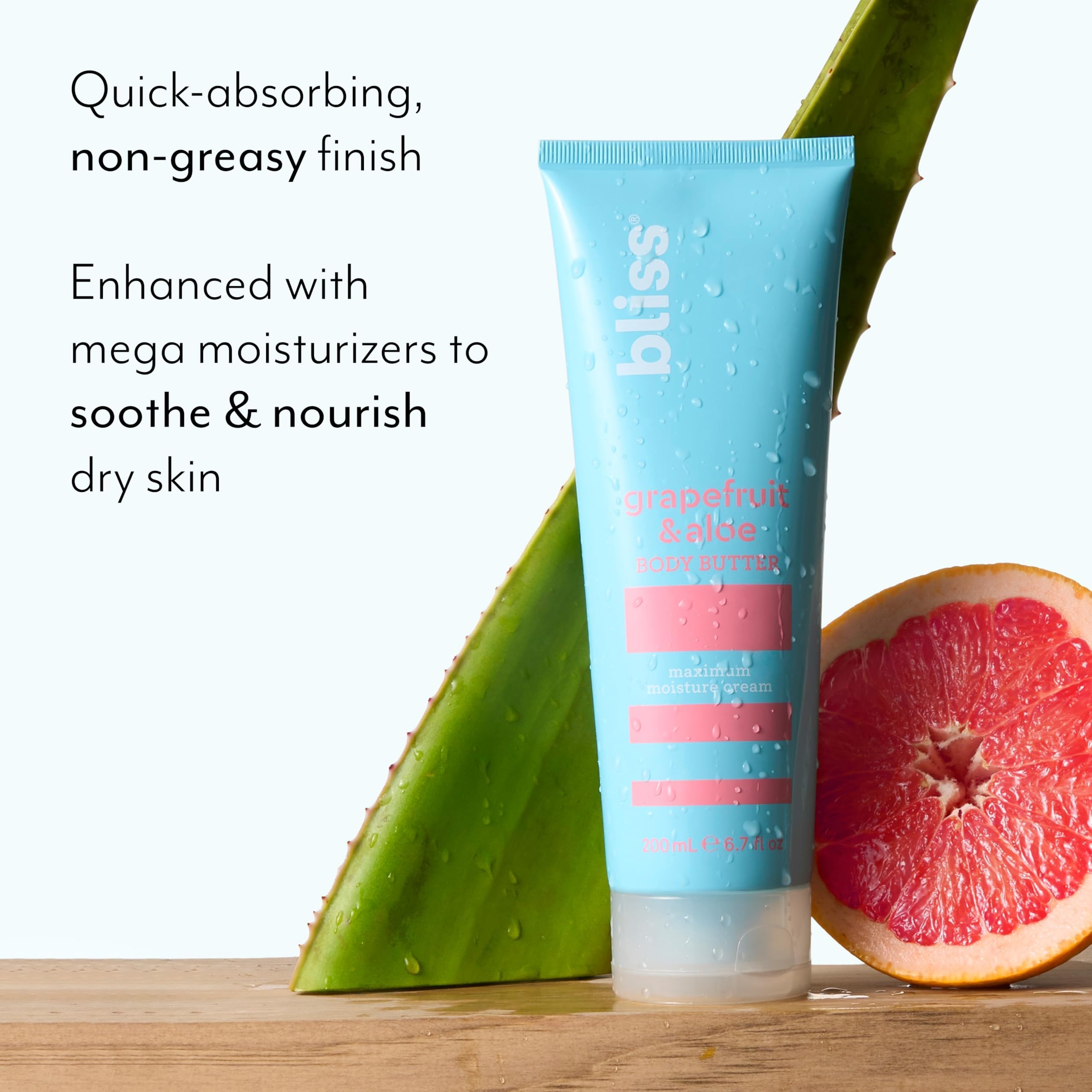 Bliss Grapefruit Aloe Body Butter ingredients panel highlights vitamin E and shea for nourishment