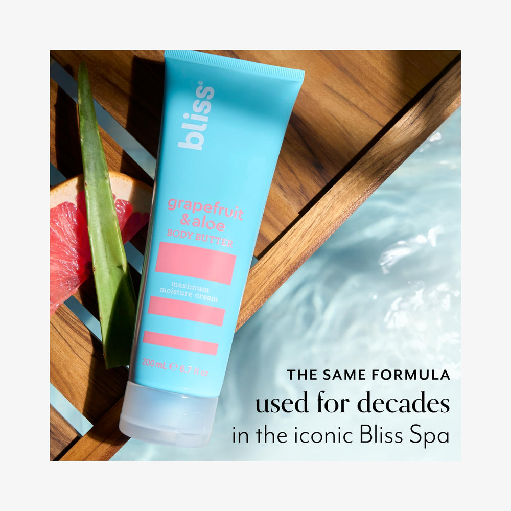Bliss Grapefruit Aloe Body Butter label detail confirms paraben-free and vegan credentials