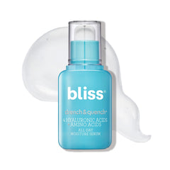 Bliss Hyaluronic Acid Drench & Quench serum bottle front for deep hydration