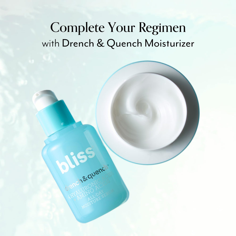 Bliss Hyaluronic Acid Drench & Quench packaging label highlights vegan cruelty-free branding