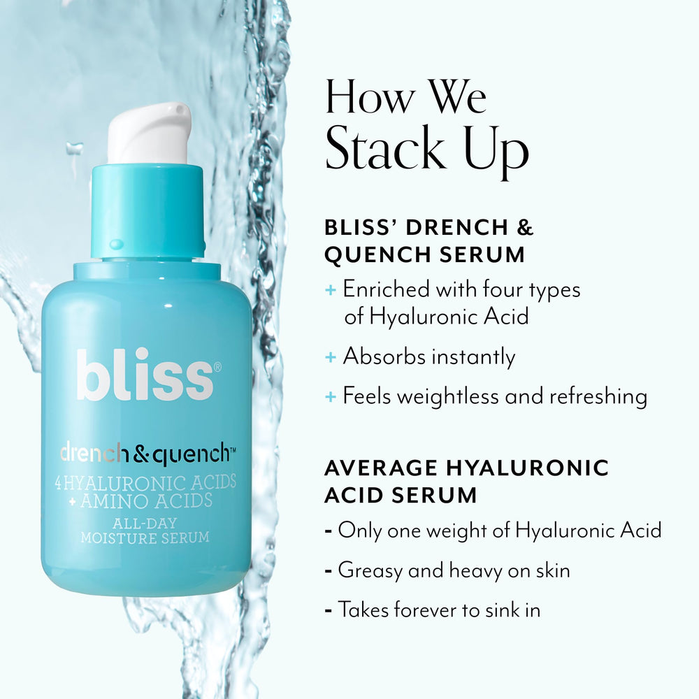 Bliss Hyaluronic Acid Drench & Quench serum layered under makeup in morning routine