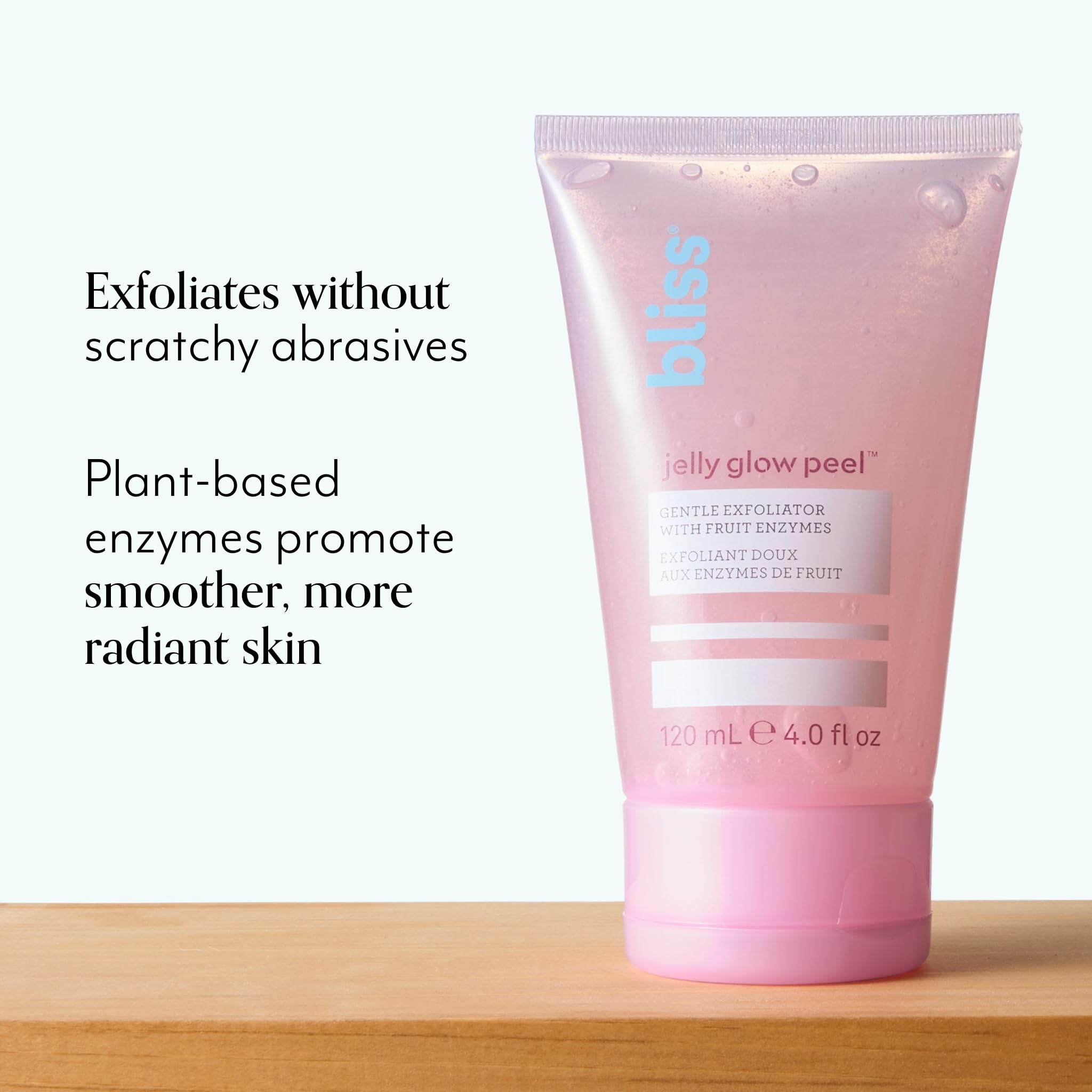 Bliss Jelly Glow Peel gel application on damp skin for gentle roll-off cleanse.