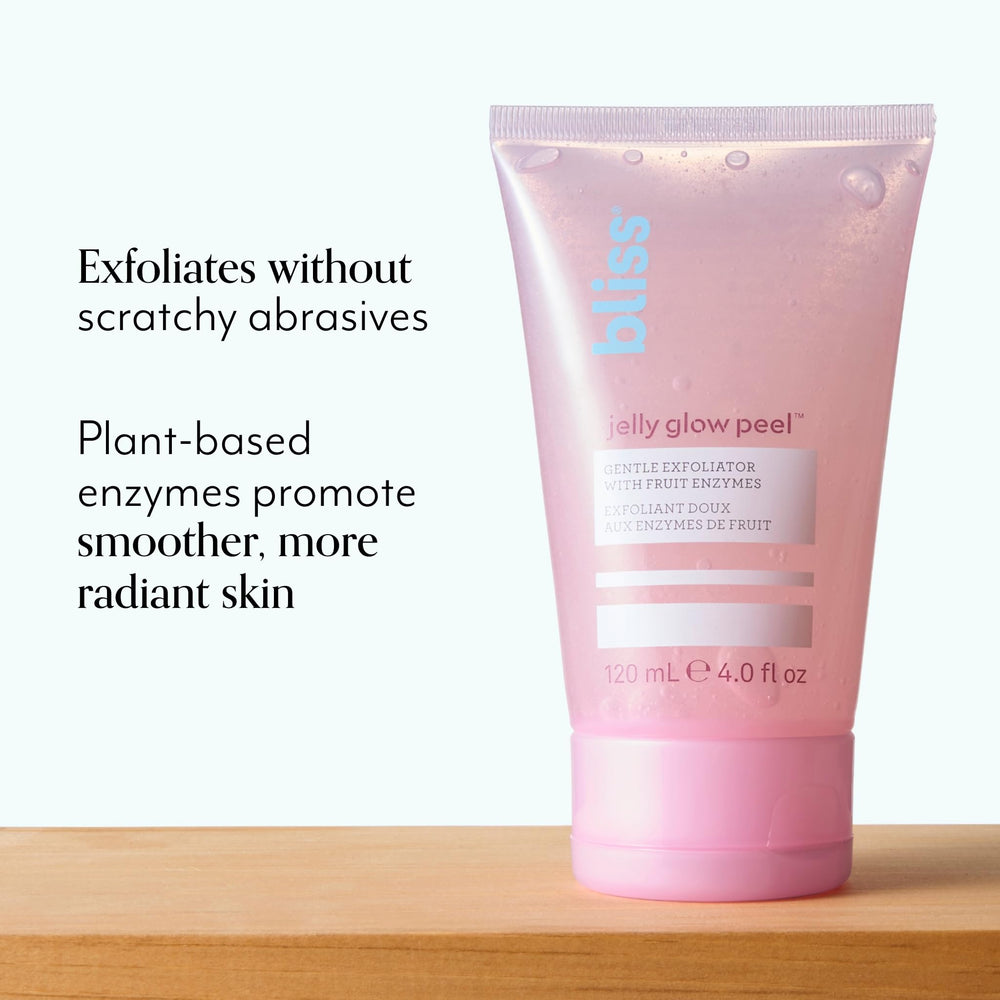 Bliss Jelly Glow Peel gel application on damp skin for gentle roll-off cleanse.