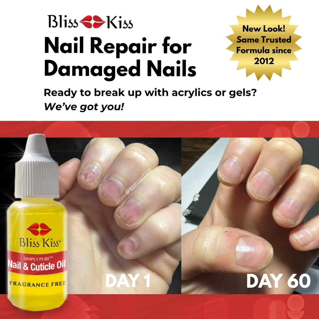 Bliss Kiss cuticle oil bottle closeup highlighting nourishing formula for nails.